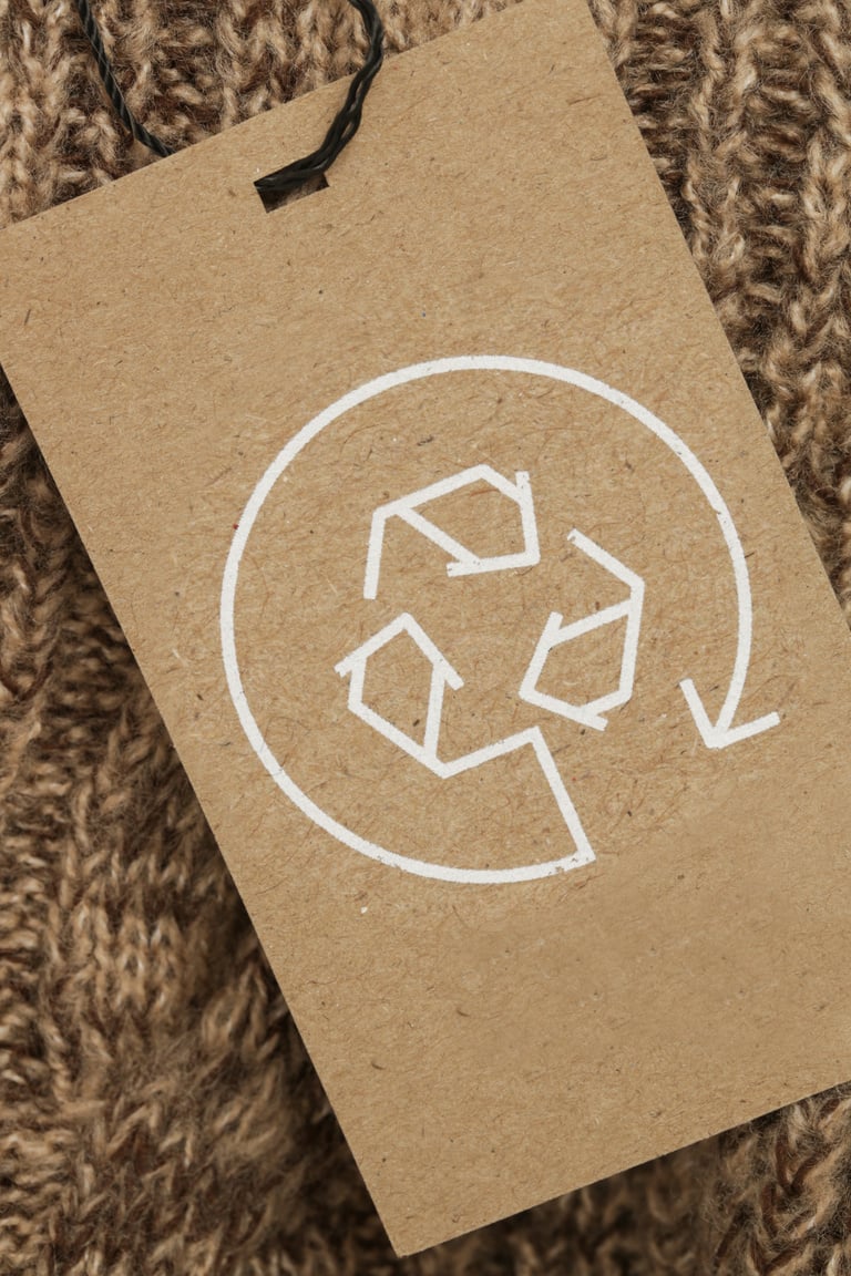 Close up of clothing tag with recycle icon. Recycling products concept. Zero waste, suistainale production, environment care and reuse concept.